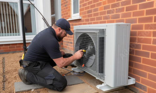 An air source heat pump heating unit installed on the outside of a house by an engineer