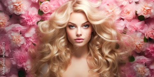 Beauty blonde woman long wavy hair  healthy skin  natural makeup  blue eyes on flowers background