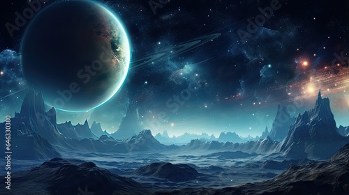 Outer space scene with planets and galaxies illustration.