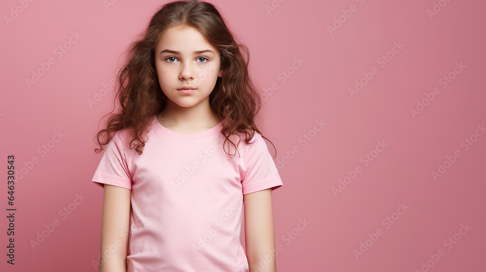Studio portrait of caucasian pre-teen girl, long brown hair, pink colors, copy space Studio portrait of caucasian pre-teen girl, long brown hair, pink colors, copy space