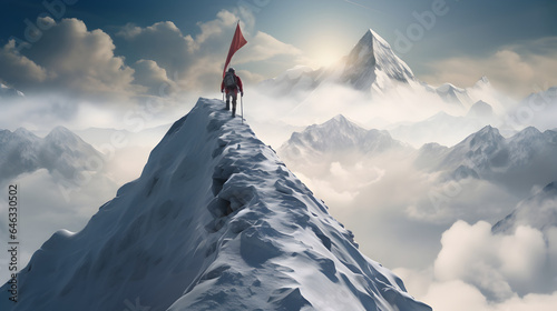 Mountain climber reaches on the peak of snow covered mountain to put a flag photo