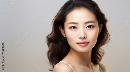 Serene Portrait of Japanese Woman with Flawless Skin, Light Grey Backdrop for Text Space.