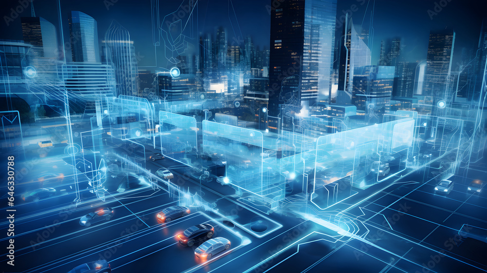 Spectacular view of a futuristic smart city with its roads, autonomous vehicles, overlay vehicle tracking system, advanced traffic management, intelligent transportation Spectacular view of a futuristic smart city with its roads, autonomous vehicles, overlay vehicle tracking system, advanced traffic management, intelligent transportation