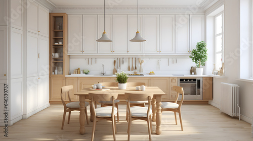 Scandinavian classic kitchen with white wooden work, minimalistic interior design