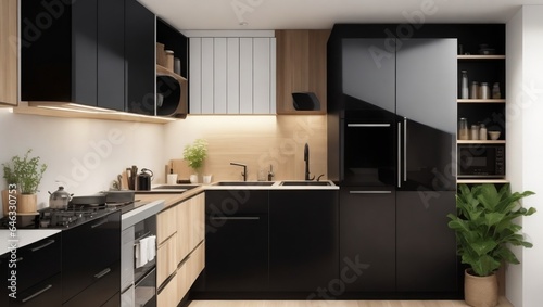A contemporary  compact kitchen with black appliances  including an oven  a sink  and a refrigerator  and a wooden countertop.