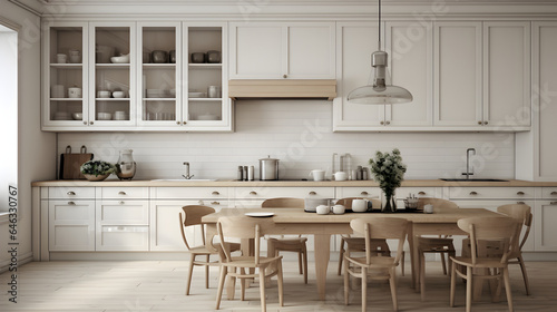 Scandinavian kitchen with white wooden interior, minimalistic design
