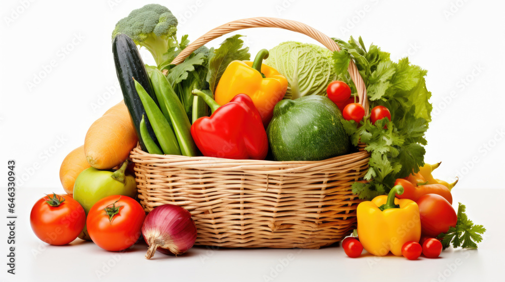 fresh and ripe vegetables arranged in a basket isolated on white fresh and ripe vegetables arranged in a basket isolated on white