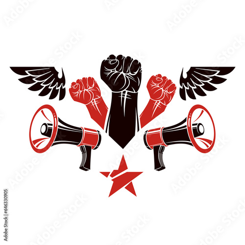 Raised clenched fists vector illustration composed with loudspeakers equipment. Public information campaign intended to encourage or discourage definite forms of people behavior.