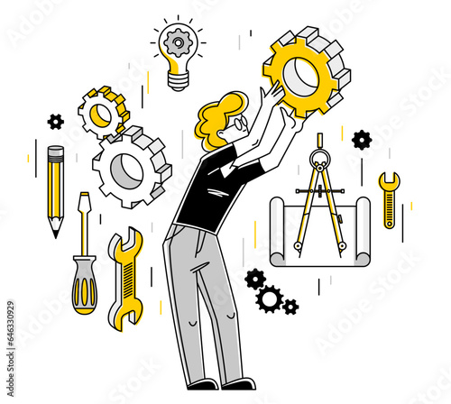 Mechanic engineer working on a draft plan vector illustration, inventor or repair job, engineering machine industry, system technician.
