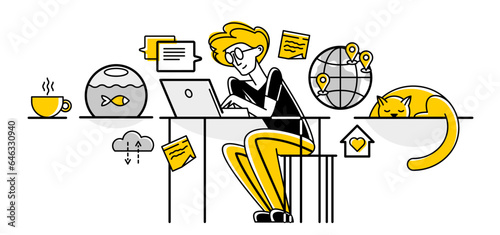 Freelance work on internet, young person freelancer doing some online job and messaging and chatting, self-employed creative worker.
