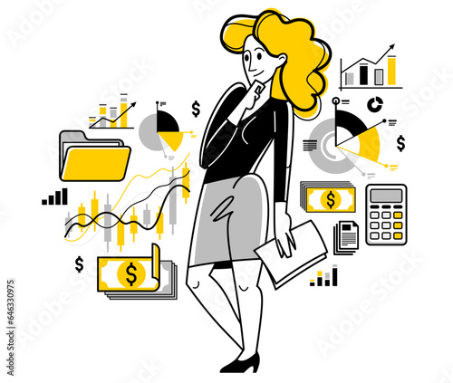 Financier analyzing financial data vector outline illustration, investment and budget issues, financial adviser, investor.