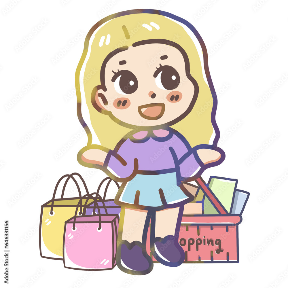 Shopping girl with shopping bag hand draw cartoon character Shopping girl with shopping bag hand draw cartoon character