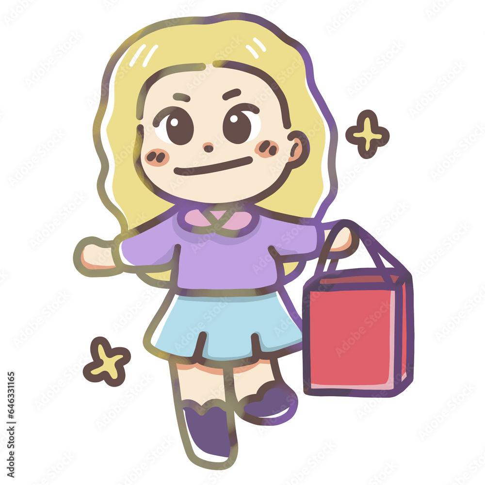 Shopping girl with shopping bag hand draw cartoon character Shopping girl with shopping bag hand draw cartoon character