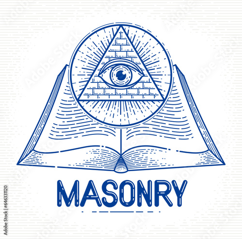 Secret knowledge vintage open book with all seeing eye of god in sacred geometry triangle, insight and enlightenment, masonry or illuminati symbol, vector logo or emblem design element.