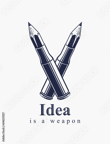 Idea is a weapon concept, weapon of a designer or artist allegory shown as a firearm cartridge cases with pencils instead of bullet, creative power, vector logo or icon.