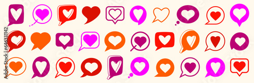 Hearts in speech bubbles vector logos or icons set, love message in chat concept, comment or mark in social media, communication romantic note.