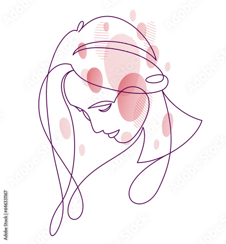 Woman beauty face vector linear illustration, delicate line art of attractive girl portrait, abstract feminine drawing minimal style isolated.