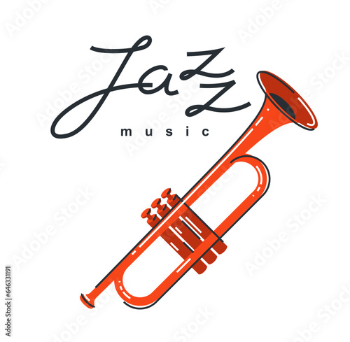 Jazz music emblem or logo vector flat style illustration isolated, trumpet logotype for recording label or studio or musical band.