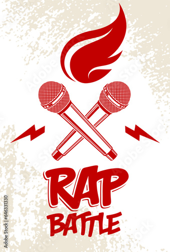 Rap Battle vector logo or emblem with two microphones crossed and fire, Hip Hop hot rhymes music mic in a flames, concert festival or night club label, t-shirt print.