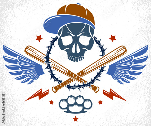 Brutal gangster emblem or logo with aggressive skull baseball bats and other weapons and design elements, vector anarchy crime or terrorism retro style, ghetto revolutionary.
