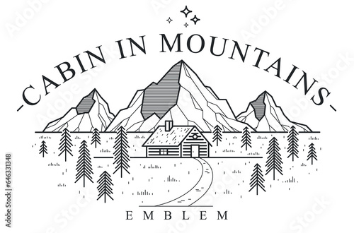 Cabin in mountains linear vector nature emblem isolated on white, log cabin cottage for rest in pine forest, holidays and vacations theme line art logo.