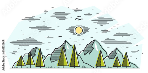 Mountain peaks and pine forest line art vector illustration isolated on white, linear illustration of mountains range in woods wild nature landscape, outdoor hiking camping ant travel theme.