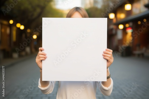 白いボードを体の前に掲げる日本人の若い女性（メッセージ・白い紙・クリップボード）
