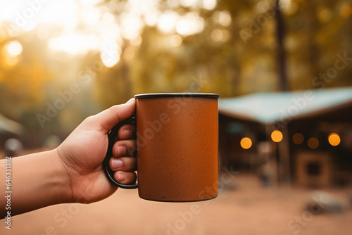 Image of camping scene, mug used outdoors