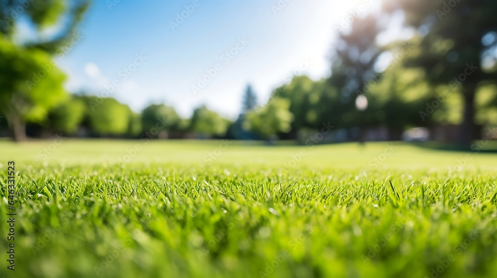 Tranquil Manicured Lawn and Lush Trees Under Blue Sky, Blurred Background for Calm Spring Day. Tranquil Manicured Lawn and Lush Trees Under Blue Sky, Blurred Background for Calm Spring Day.