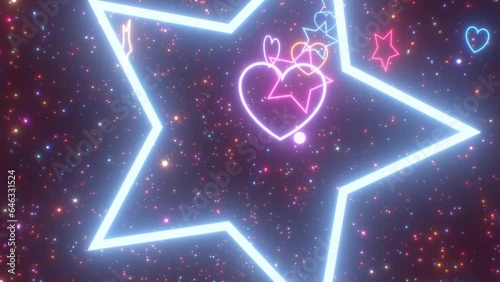 Fly Inside Pink Shiny Glow Neon Stars And Heart Shape Roller Coaster - 4K Seamless VJ Loop Motion Background Animation