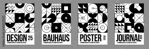 Abstract geometric black and white posters and covers set, vector background pattern magazine or catalog templates, monochrome technic style geometric shapes composition.