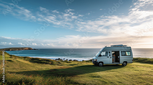 Travel through the magnificent sky and sea in a camper van. photo