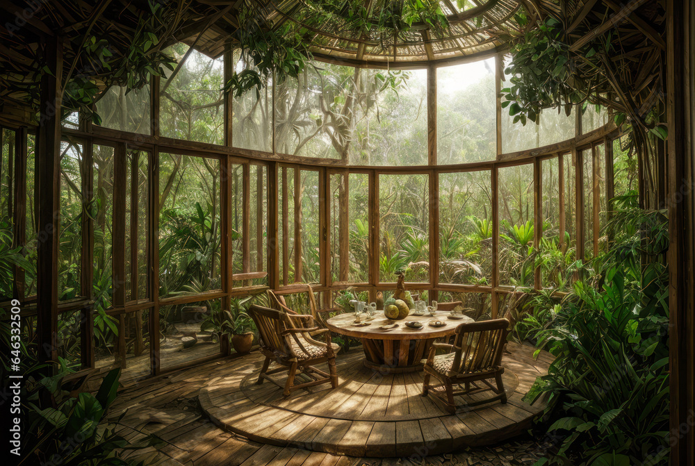 Salon de thé avec des chaises et une table dans une serre entourée par la jungle