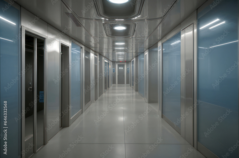 Couloir futuriste avec murs et des portes en métal Couloir futuriste avec murs et des portes en métal