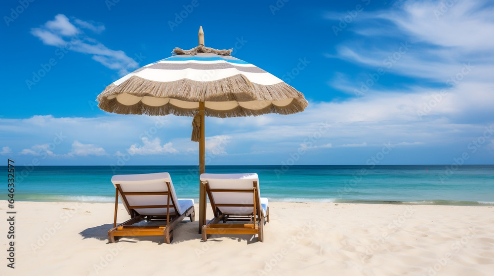 Sun lounger with umbrella on the shore of the blue ocean