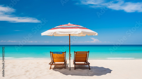Sun lounger with umbrella on the shore of the blue ocean