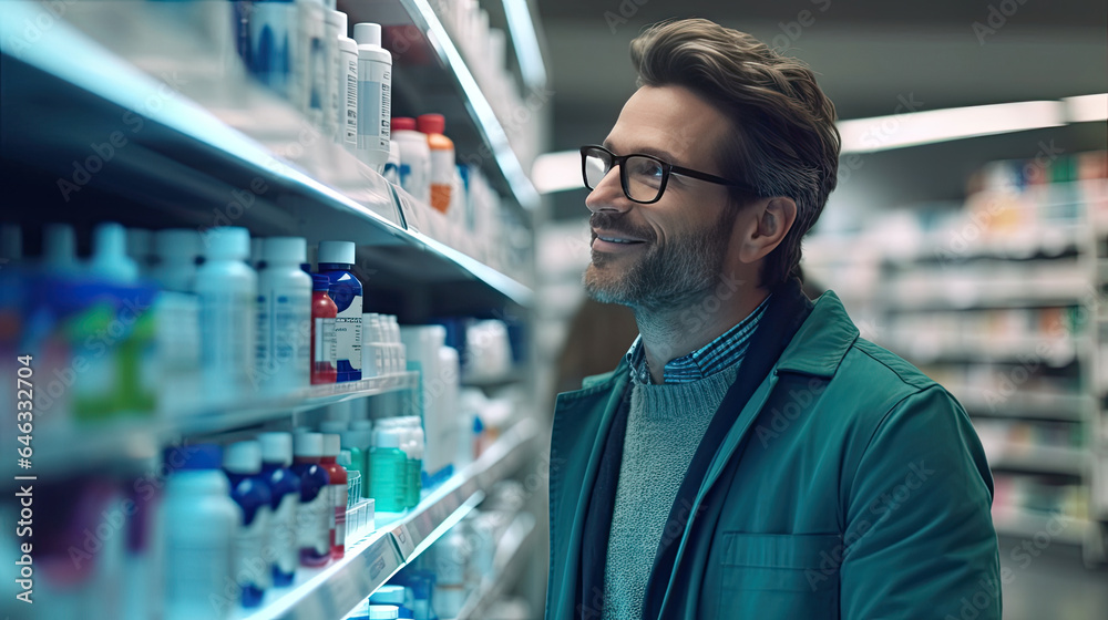 A Man Choosing to Buy Medicine Browsing through the Shelf, Successfully finds what he Needs and Smiles Happily in Modern Pharma Store Health Care Products. Generative Ai A Man Choosing to Buy Medicine Browsing through the Shelf, Successfully finds what he Needs and Smiles Happily in Modern Pharma Store Health Care Products. Generative Ai