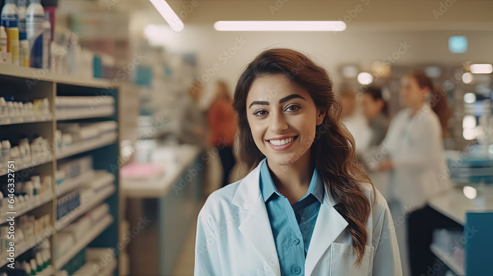 Happy Female Cashier in White Coat Serves Customer. Shelves with Health Care Products in Modern Pharma Store. Pharmacy Drugstore. Generative Ai