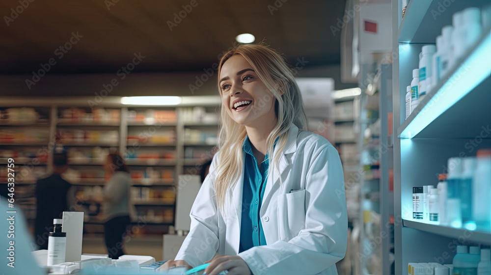 Happy Female Cashier in White Coat Serves Customer. Shelves with Health Care Products in Modern Pharma Store. Pharmacy Drugstore. Generative Ai