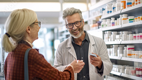 A smiling young male pharmacist giving prescription medications to senior female customer in a pharmacy store. Generative Ai