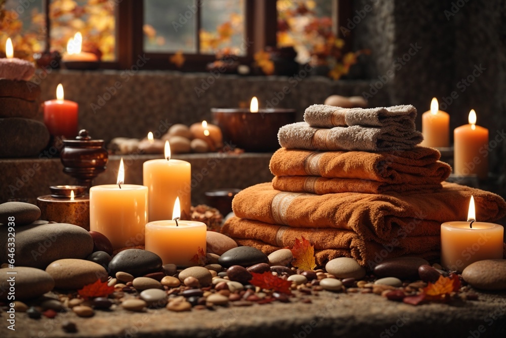Spa still life with candles, stones and towels on wooden background