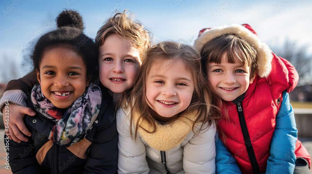 A primary elementary school group of smiling children outdoors