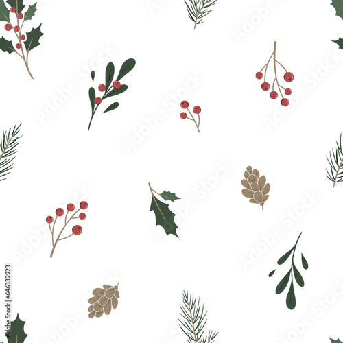 Seamless pattern of simple botanical elements in scandinavian style. Twig of conifers evergreen tree, pine,cone, ilex, red berries. Hand drawn Stylized repeated background. Endless print for