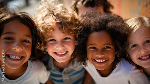 A primary elementary school group of smiling children outdoors