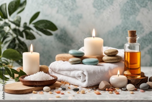 Spa still life with flowers, candles and towels on wooden table 