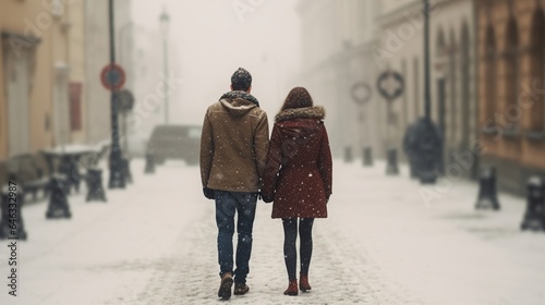 a couple walking hand in hand in the city center in winter