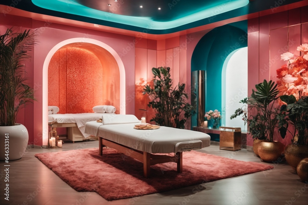 Fototapeta premium Spa massage room interior with red carpet and candles.