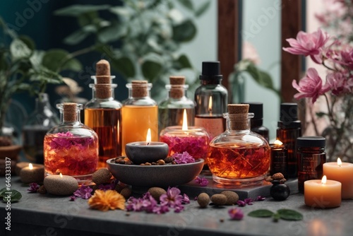 Spa still life with burning candles and pink flowers on wooden background