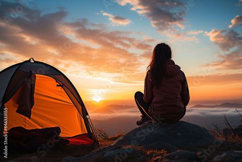 Image of a camping scene, a magnificent sky, and a woman looking up at the morning sun.