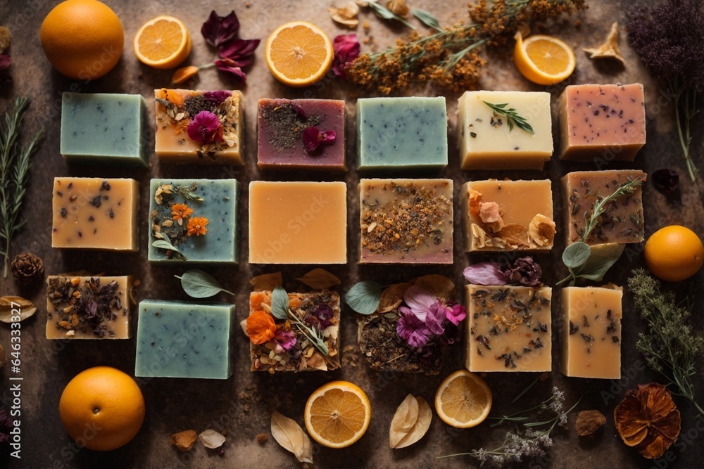 Natural handmade soap bars with aromatic herbs and dried flowers on wooden background Natural handmade soap bars with aromatic herbs and dried flowers on wooden background